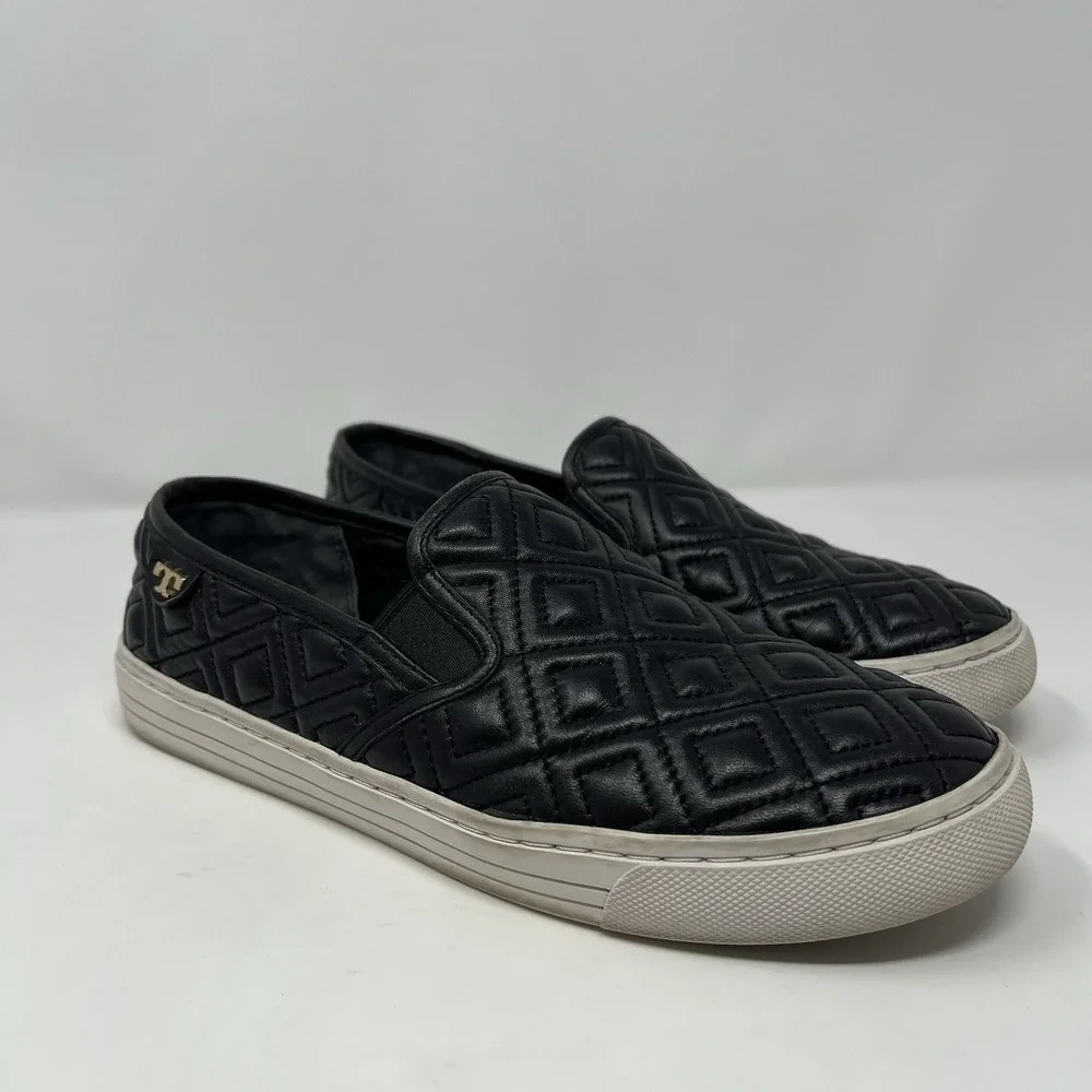 Tory Burch Jesse Quilted Napa Leather Sneaker Black Gold Logo Size‎ 6.5